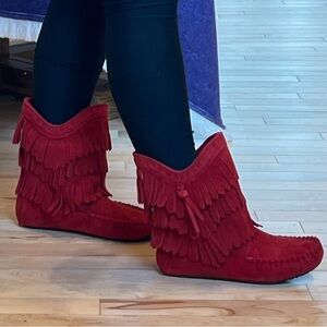 Fringed Red suede leather  Ankle Boots